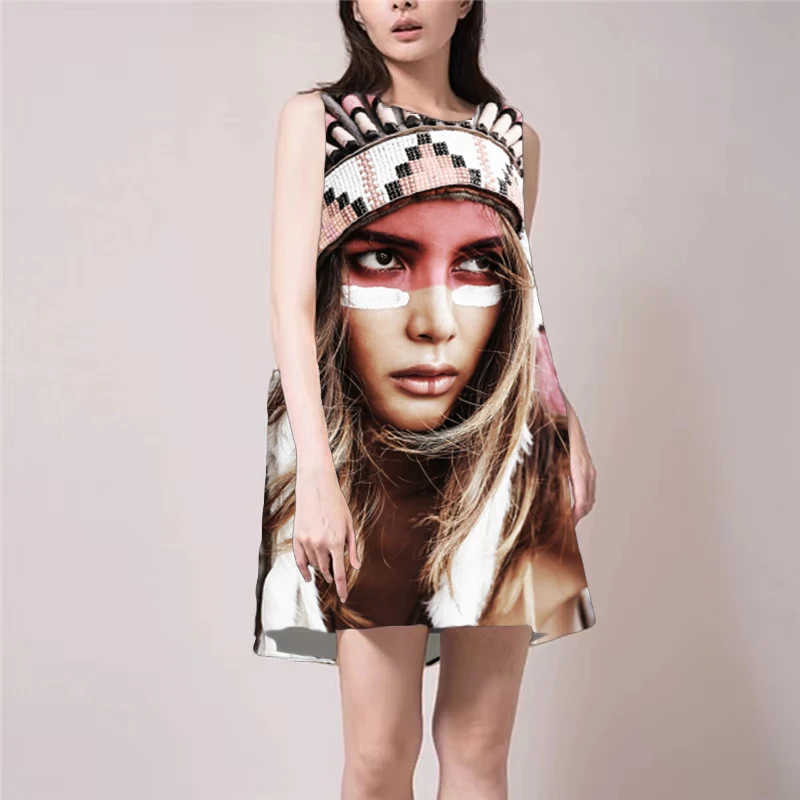 

Женское винтажное платье без рукавов, свободное повседневное ТРАПЕЦИЕВИДНОЕ мини-платье большого размера с 3D-принтом в виде индейцев на ле...