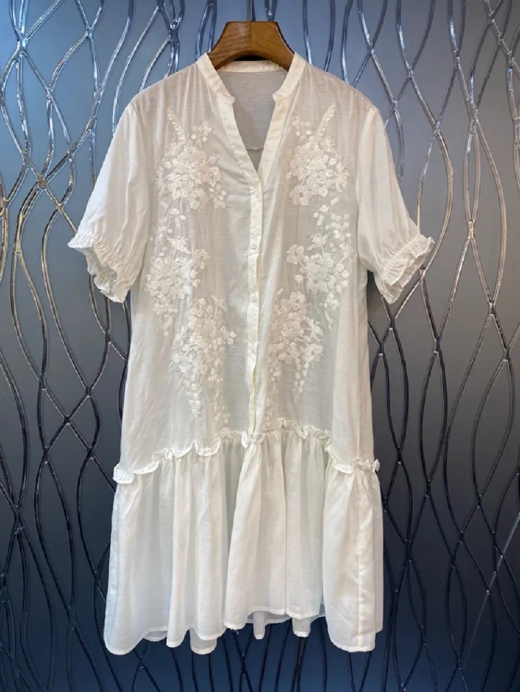 High Quality New Long Shirt Dress 2022 Summer Ladies Lurex Embroidery Floral Patterns Short Sleeve Casual Cotton Linen Dress
