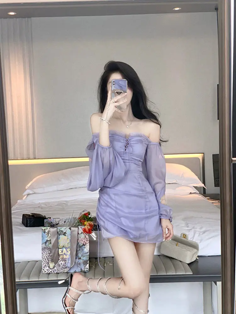 Purple Fairy One Shoulder Dress Women New Summer Dress Waist Design Chiffon Ruffled Gauze Skirt Bag Hip Skirt Women Clothing 2