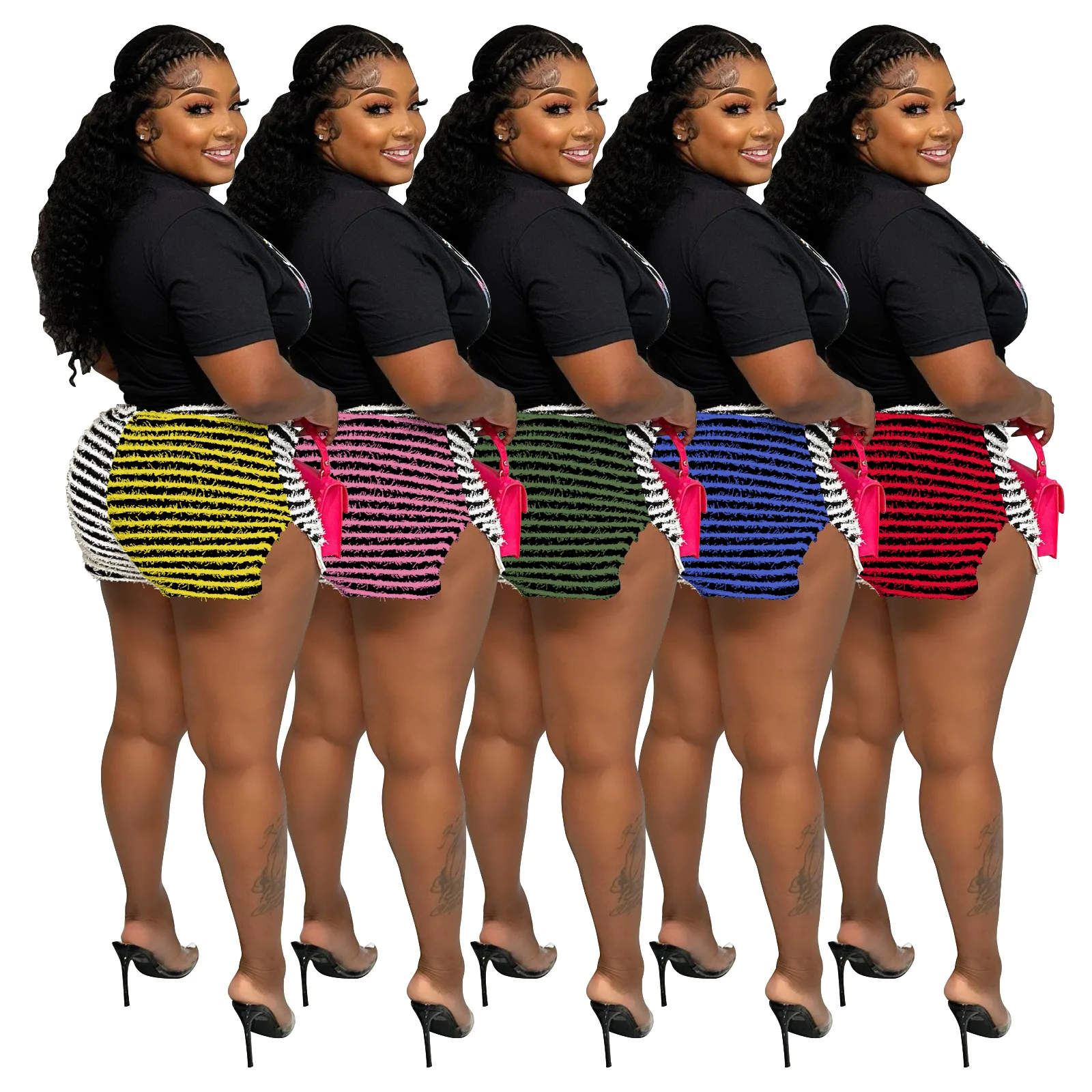 High Street Patchwork Striped Women Biker Shorts Pants Summer Clothing Fashion Outfits High Waist Drawstring Split Pockets Pant