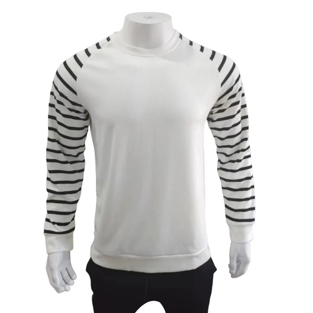

Autumn T-Shirt Crew Neck Stretchy Warm Men Solid Color Striped Patchwork Basic Top Men Pullover for Work