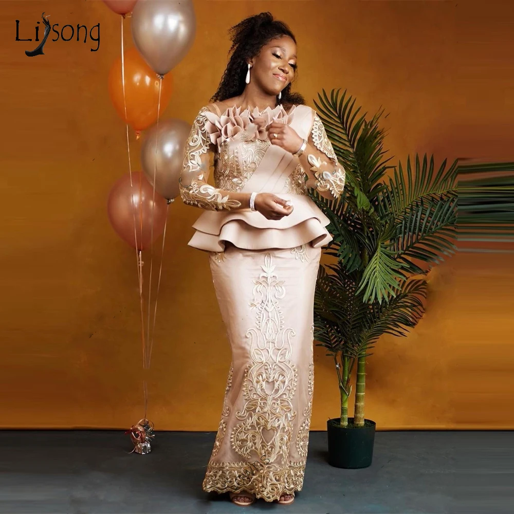 

African Lace Nude Aso Ebie Dress Evening Dresses See Thru Full Sleeves Flower Evening Gowns Straight Prom Gowns