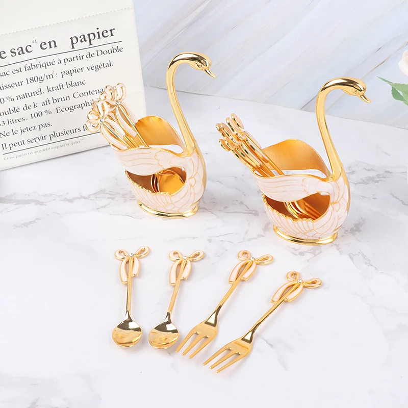 Набор золотых кофейных десертных ложек подставка под лебедь 6 для мороженого