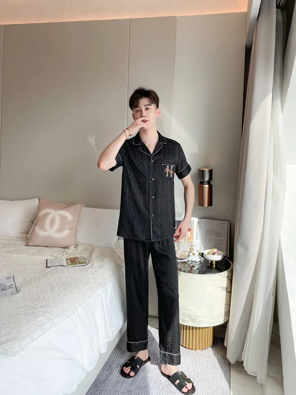 [Women's pajamas] [high-quality]2023 New Couple Pajamas Spring/Summer Ice Silk Imitation Silk Thin Sweet Home Fur Set