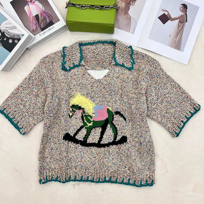 

2023 Spring Summer Women's New Knit Tops Summer y2k clothes jacquard short sleeve navy blue waistless tops 24H Shipping Top