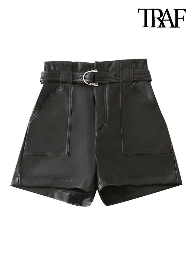 

TRAF Women Chic Fashion With Belt Faux Leather Shorts Vitnage High Waist Zipper Fly Pockets Female Short Pants Mujer
