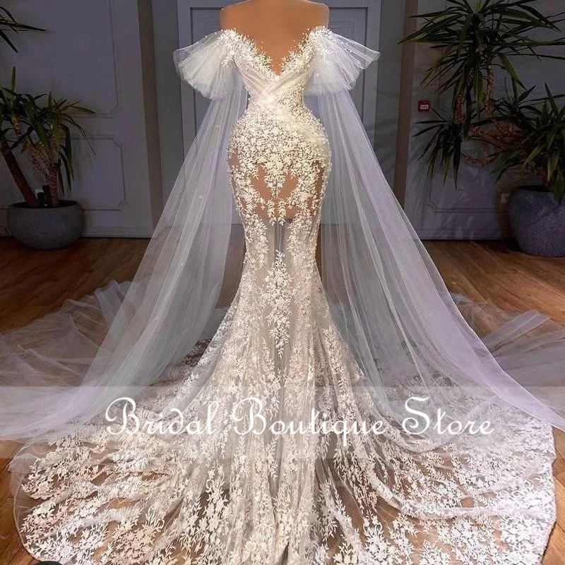 Купи Exquisite Mermaid Wedding Dresses 2023 Veil Off Shoulder Lace Appliques Robe De Mariee Beaded Pearls Bridal Gowns Court Train за 13,680 рублей в магазине AliExpress