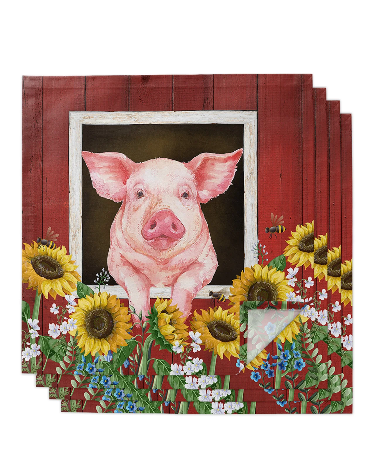 

4pcs Pig And Sunflower Farm Idyllic Barn Square 50cm Table Napkin Wedding Decoration Table Cloth Kitchen Dinner Serving Napkins