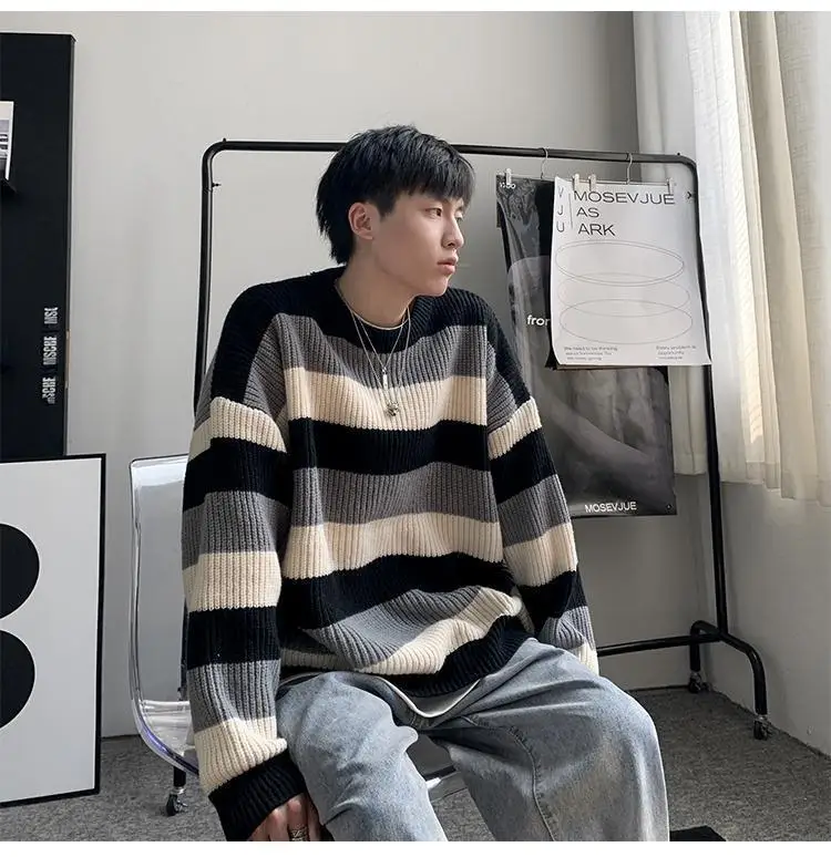 

Свитер мужской в полоску, Свободный Топ с круглым вырезом, в стиле ретро, блокировка цвета, Осень-зима