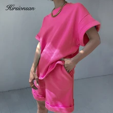 Hirsionsan-Conjuntos de algodón para mujer, camisetas informales de dos piezas de manga corta y pantalones cortos de cintura alta, chándal sólido, Verano