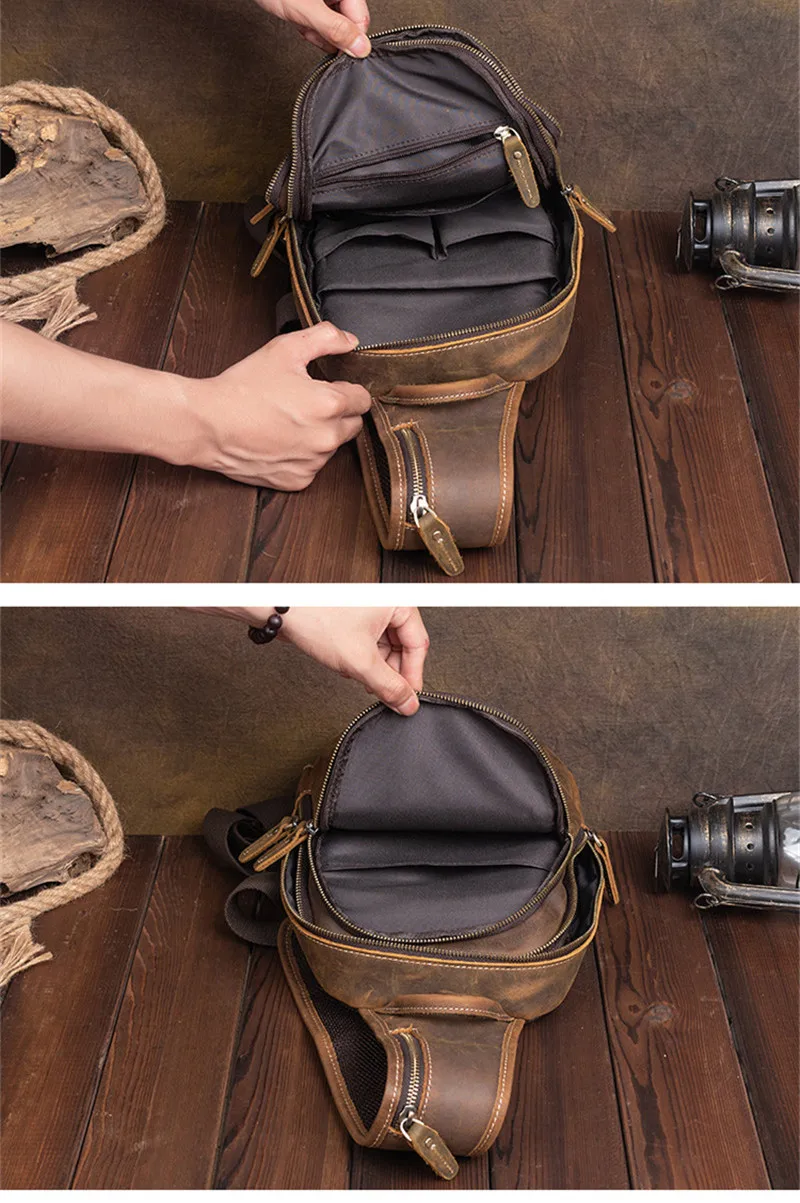 Vintage luxury crazy horse cowhide men's chest bag outdoor daily travel natural genuine leather teens teens party shoulder bag