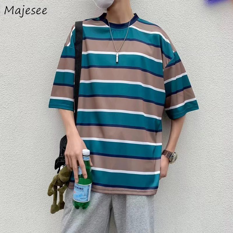Мужские полосатые простые универсальные модные мешковатые мужские футболки Ulzzang с круглым вырезом для динамичных студентов красивые Новое Поступление Красивый Молодежный уютный