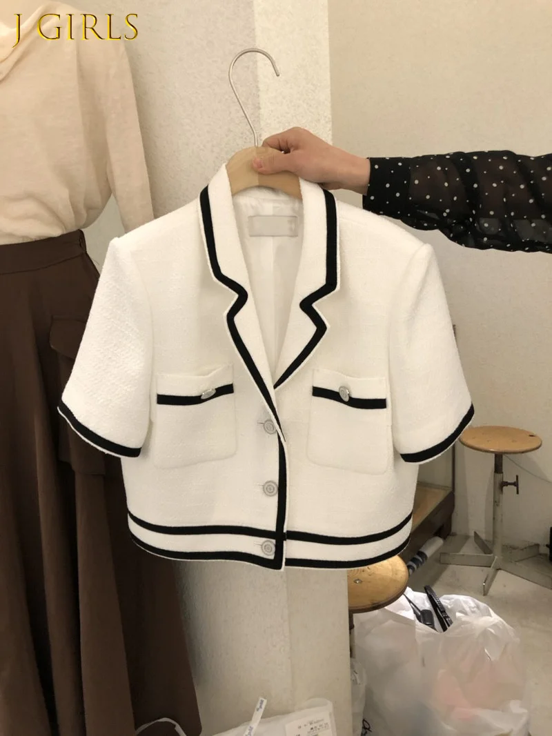 

Temperament Korean Tweed White Short Sleeve Women's Jacket Crop Fashion Summer 2022 Slim Black Suits Woolen Cardigan Top
