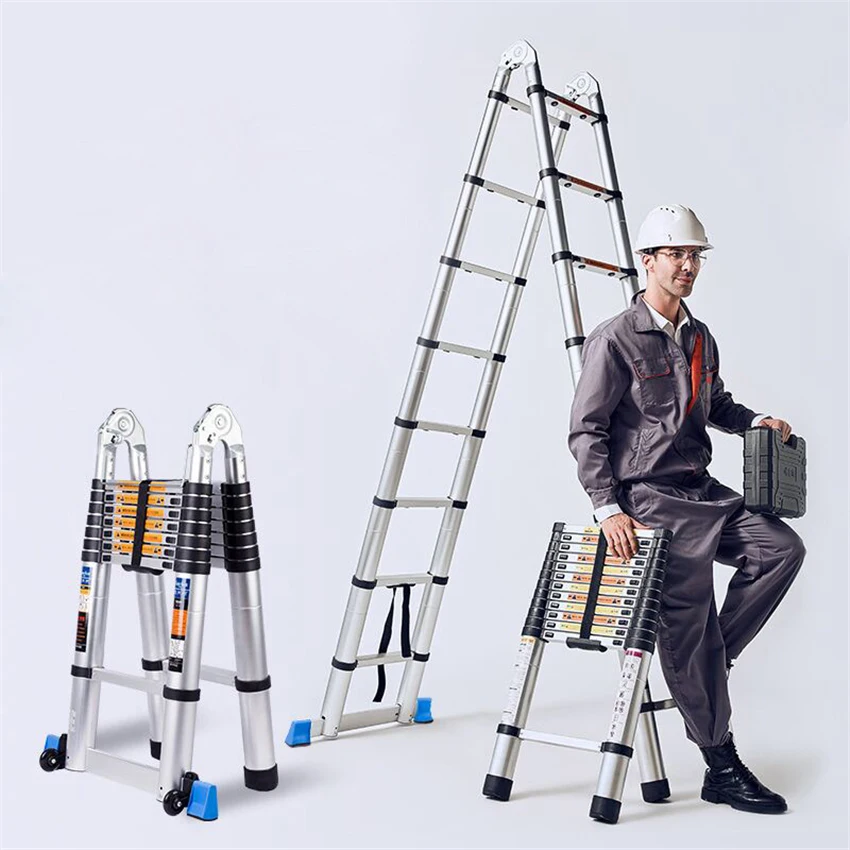 1.9m+1.9m/ 2.2m+2.2m Portable Folding Ladder Household Thickened Engineering Lifting Ladder Aluminum Alloy Herringbone Ladder
