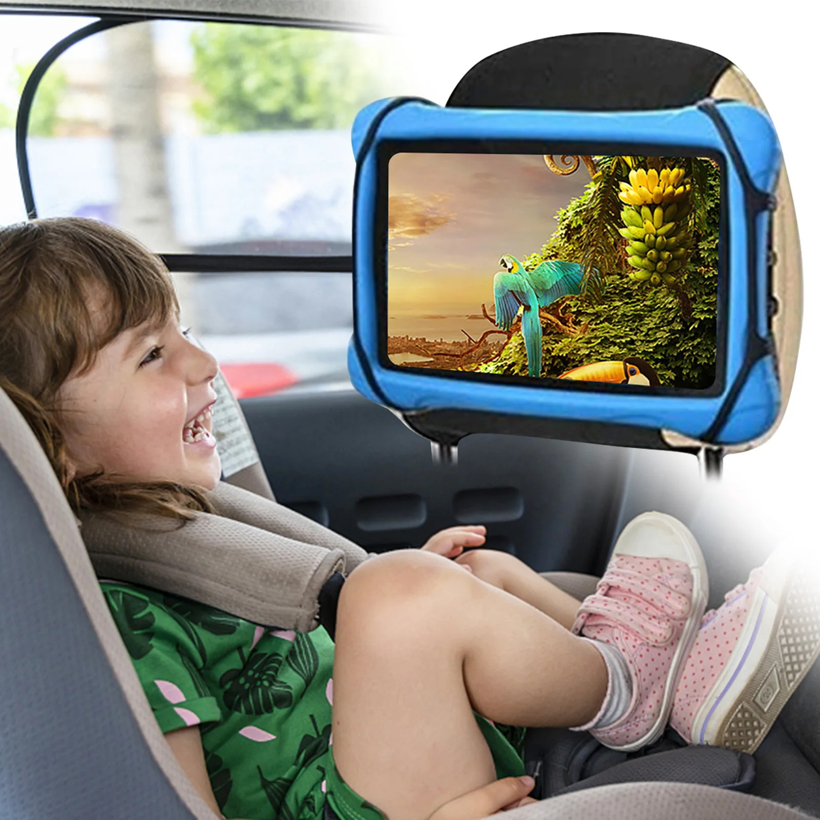 

Car Headrest Mount Holder Tablet Holder For Kids In Car Headrest Back Seats Anti-Slip Elastic Strap And Holding Net Tablet Cover