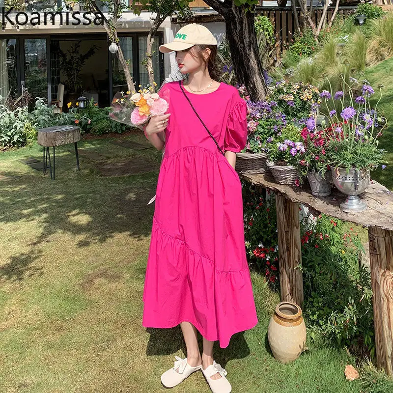 

Koamissa Solid Women Summer Long Dress Round Neck Puff Sleeves Loose Korean Chic Vestidos All Match Straight Dresses De Mujer