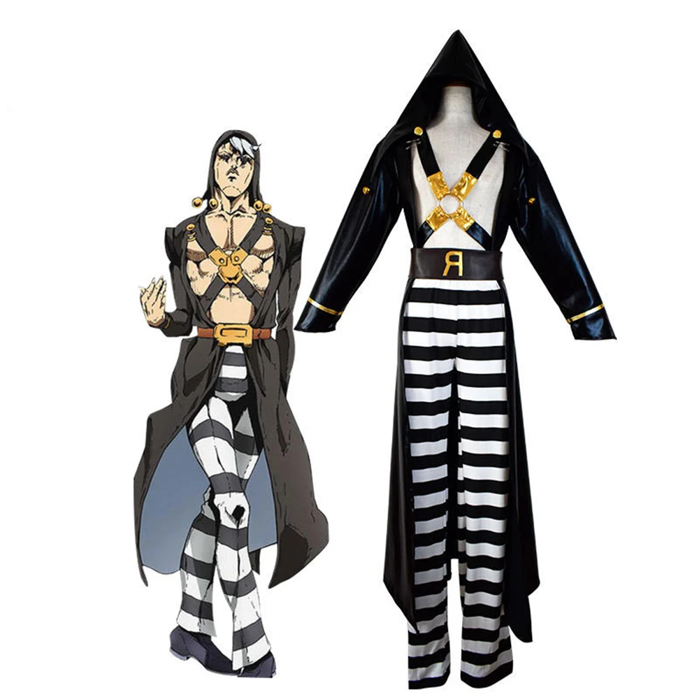 

Anime JoJo Bizarre Adventure Risotto Nero Cosplay Costume Golden Wind Hat Top Pants Belt Halloween Carnival Striped Pants Suit