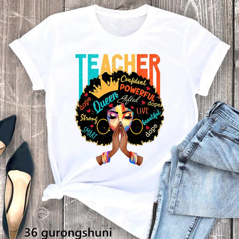 

Glitter Teacher Afro Melanin Queen Graphic Tshirts Women Clothes 2022 Powerful Black Girls Magic Dope T Shirts Femme wholesale