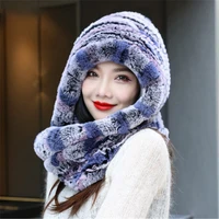 2022 natural fur hat with neak scarves hat women new knitted real rex rabbit fur hat hooded scarf winter hats for woman cap warm