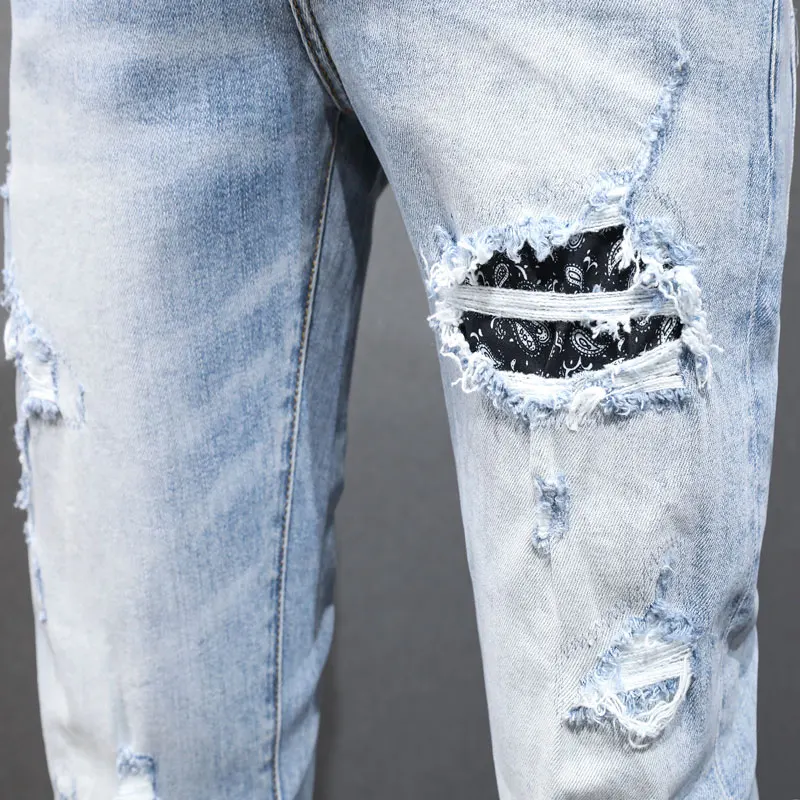 Уличная мода Мужские джинсы Ретро Голубые эластичные обтягивающие рваные с