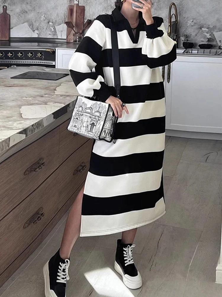 Южная Корея Шикарное осенне-зимнее платье с капюшоном в полоску контрастного