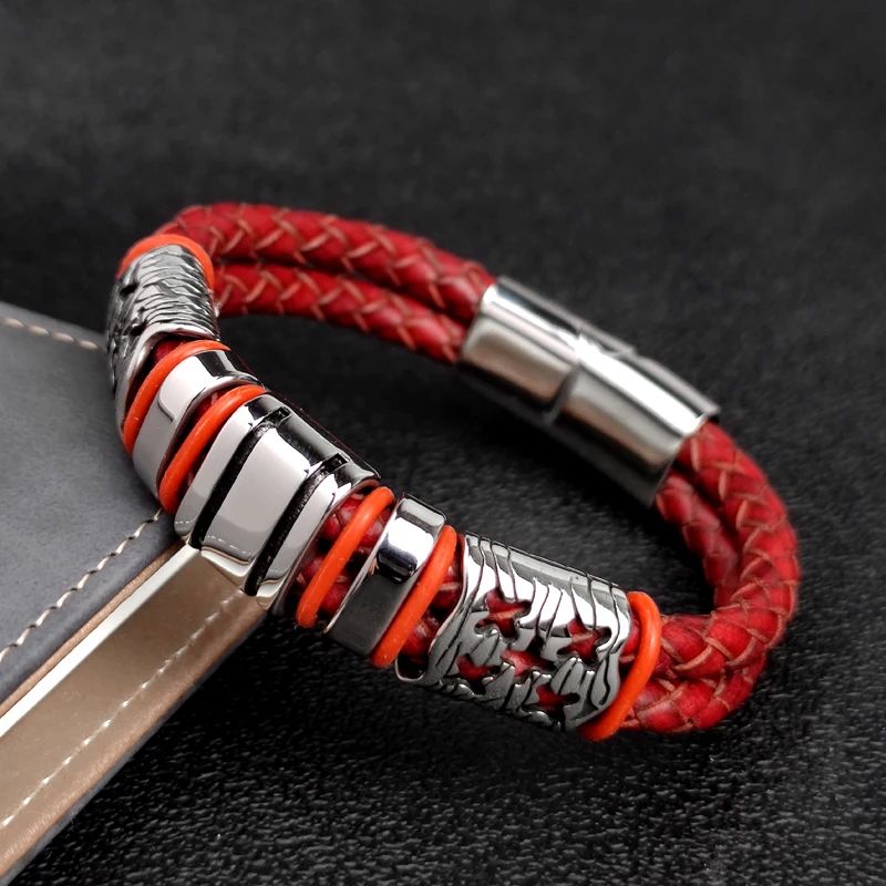 

MingAo Punk Men Fashion Stars Stainless Steel Vintage Red Real Weaving Leather Bangle & Bangle Men Vintage Wristband Men Jewelry