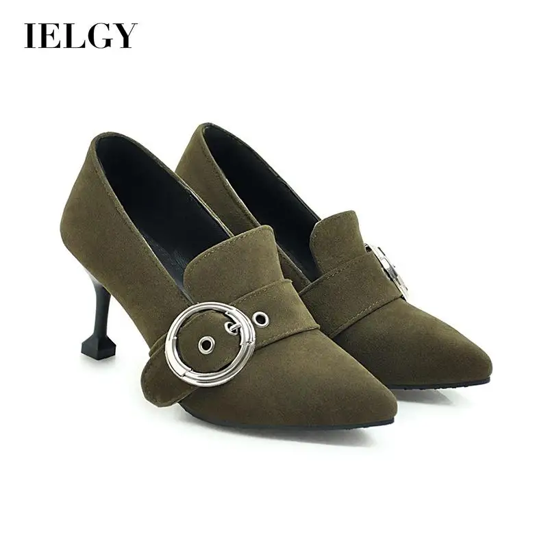 

IELGY Retro high heels Woman's Black Versatile Korean version Wine glass heel Simple Metal decoration Pointed toe Belt buckle