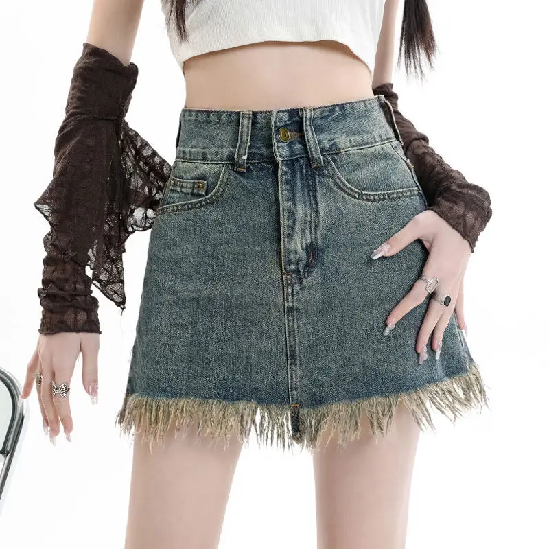 

Мини-юбка женская джинсовая трапециевидная с завышенной талией, универсальная уличная ретро-юбка в Корейском стиле, лето