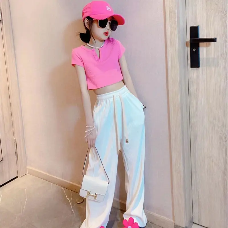 

Girls Set 2023 Summer Child Short Sleeve T-shirt +wide Leg Pants 2pcs Sets Kids Casual Outfits Teenger Girl Clothing 2 to 10