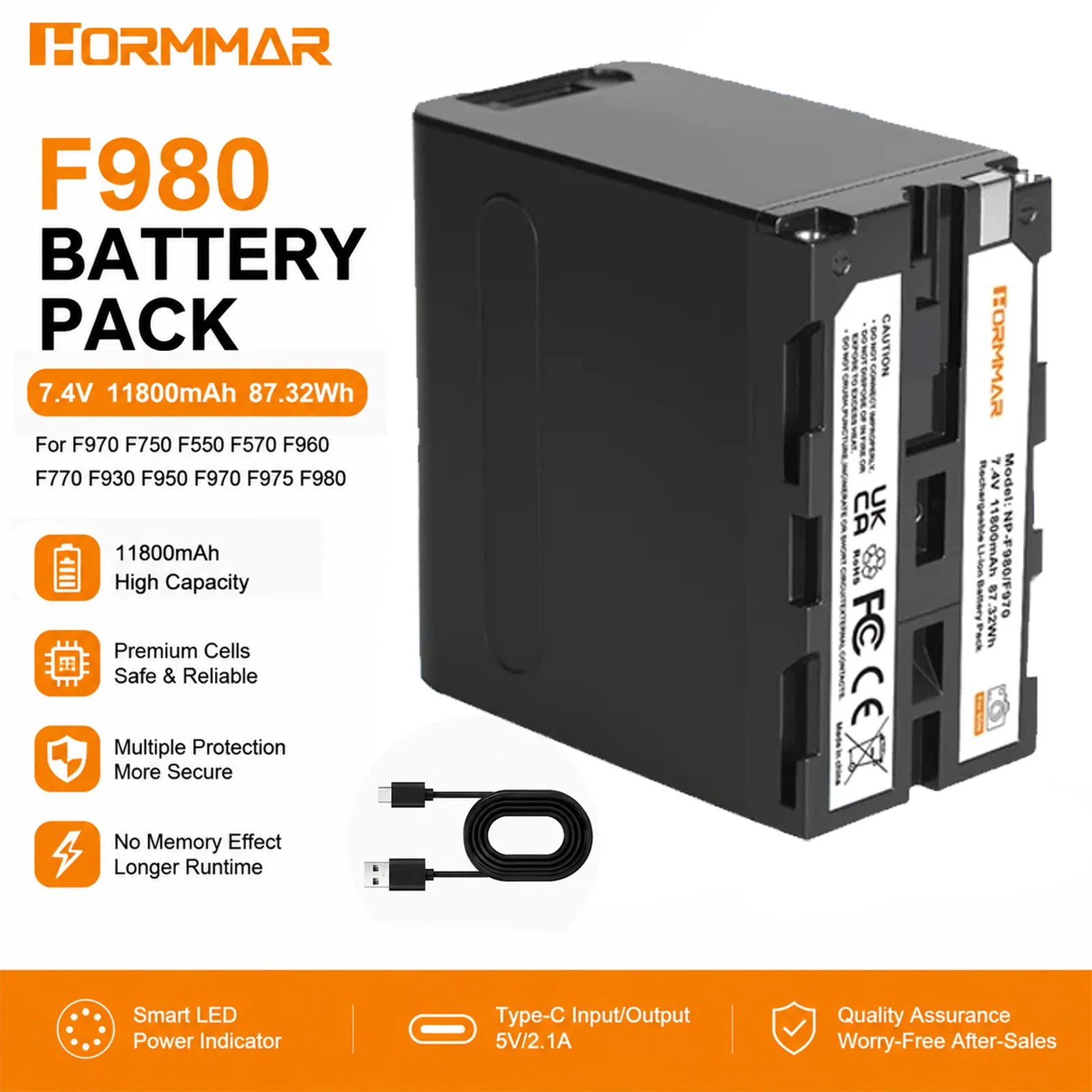 Фото Аккумулятор Li-ion NP-F980 емкостью 11800 мАч с USB-выходом для зарядки, совместимый с камерами Sony NP-F970, F960, F950, F550, F530, F330 №1