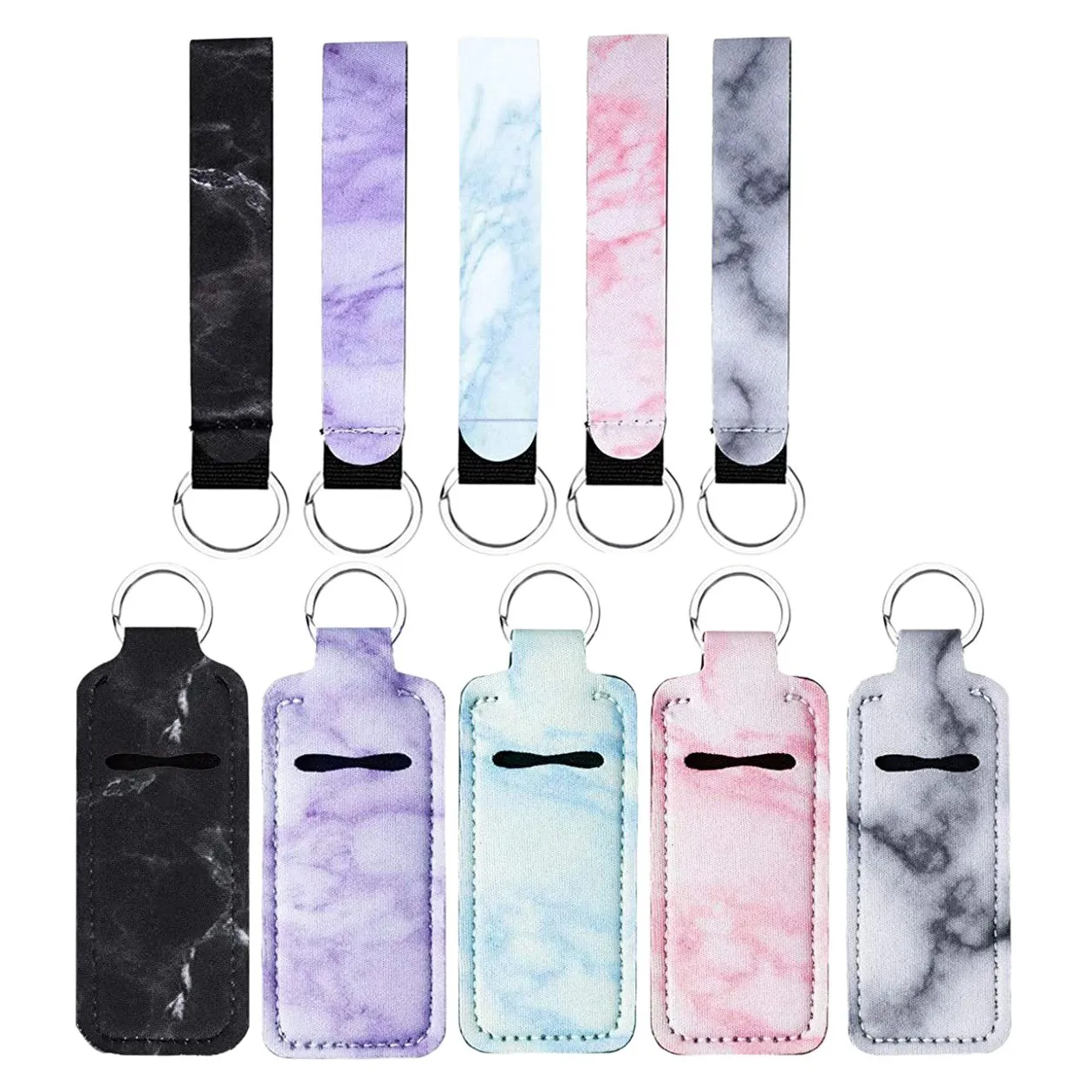 5 Pcs Chapstick Holder Keychain with 5 Pcs Neoprene Wristlet Lanyards, Neoprene Lipstick Protective Cases Cover