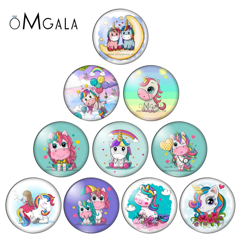 

Lovely Cartoon Unicorn Art Patterns 10pcs 12mm/18mm/20mm/25mm Round photo glass cabochon demo flat back Making findings ZB0948