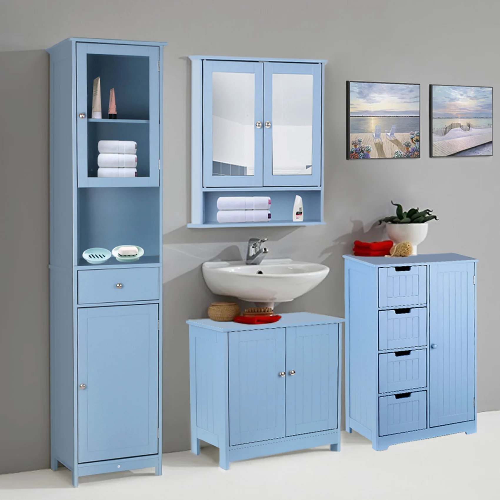 

iKayaa Modern Floor Cabinet with Door Drawers for Bathroom Bedroom Storage Organizer Furniture Wooden Wall Suspended Cabinet