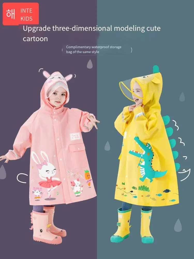 

Cute Stereoscopic Cartoon Raincoat Waterproof children's dinosaur Unicorn Rain poncho Jacket with Backpack location for students