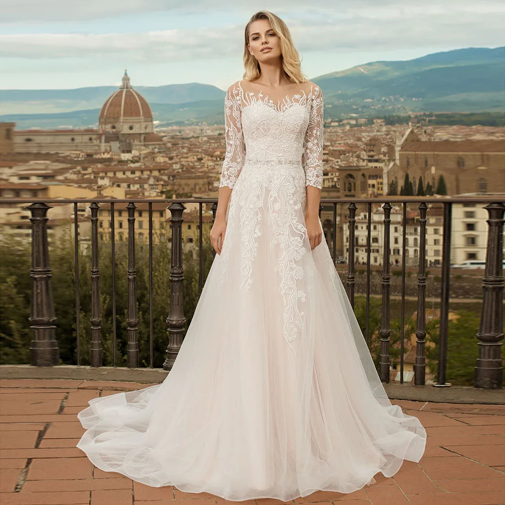 

Vintage White Wedding Dresses Illusion V-Neck Three Quarter Sleeve A-Line Bride Dress Lace Appliques Sweep Train Bridal Gown