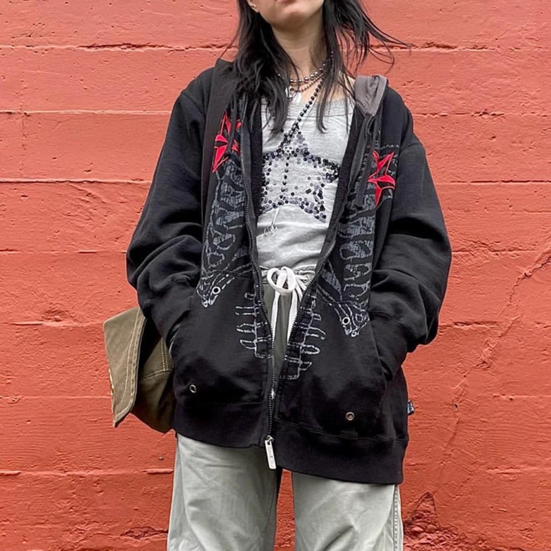 Y2K Harajuku Retro Sweatshirt Skeleton Pattern Zip Up Hoodies E-girl Gothic Grunge Dark Academia Emo Alt Clothes Coat Jacket