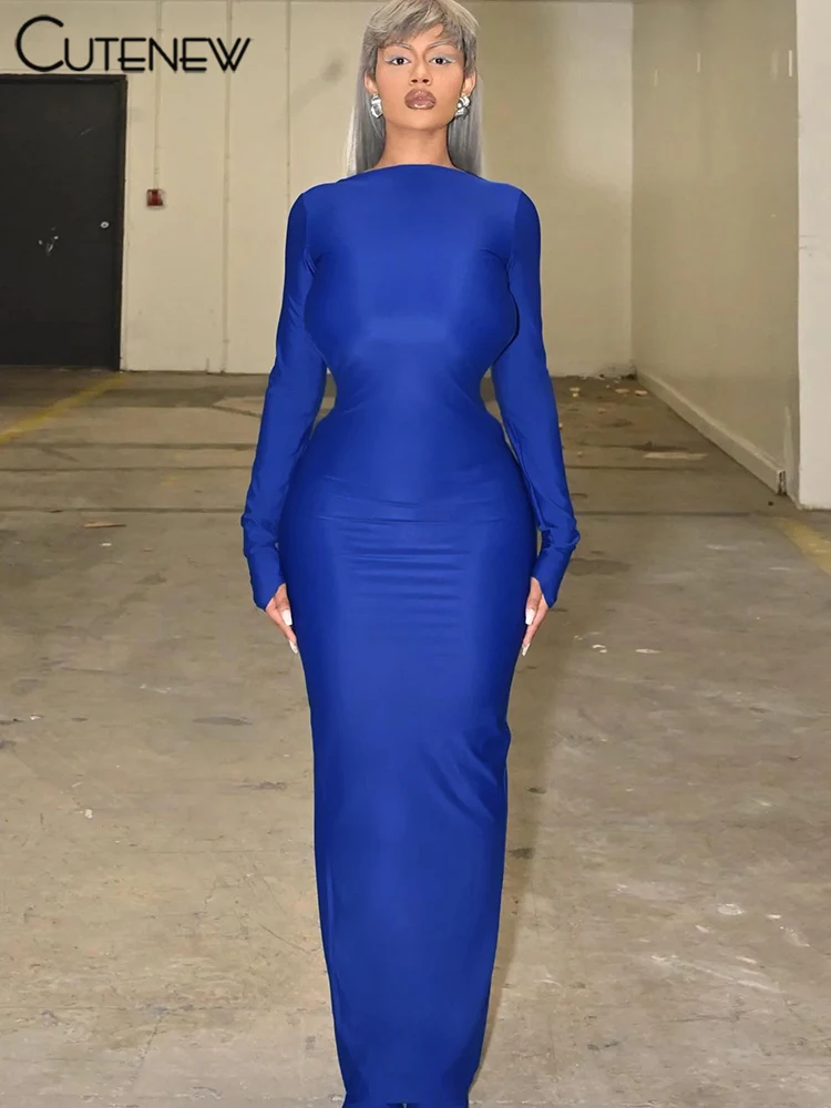 

Cutenew Women's 2023 Solid O-neck Maxi Dress Long Sleeve Streetwear Backless sexy Party Female Attirewear Ankle Length Vestidos
