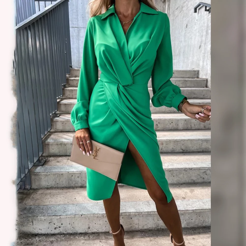 

Женское однотонное платье с высокой талией, элегантное платье средней длины с длинным рукавом и V-образным вырезом, Осень-зима 2022