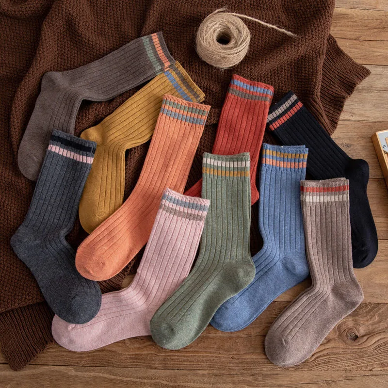 5pair/Lot Spring Autumn Women Long Socks School Solid Knitting Striped Cotton Breathable Calcetines Mujer Chaussette Loose Sock