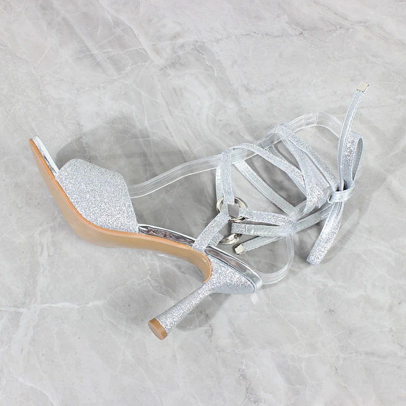 

Fashion Women Sandals 2022 Summer New Square Toe Open Toe Sequin Cloth Ankle Syrap Casual High Heel Women Sandals