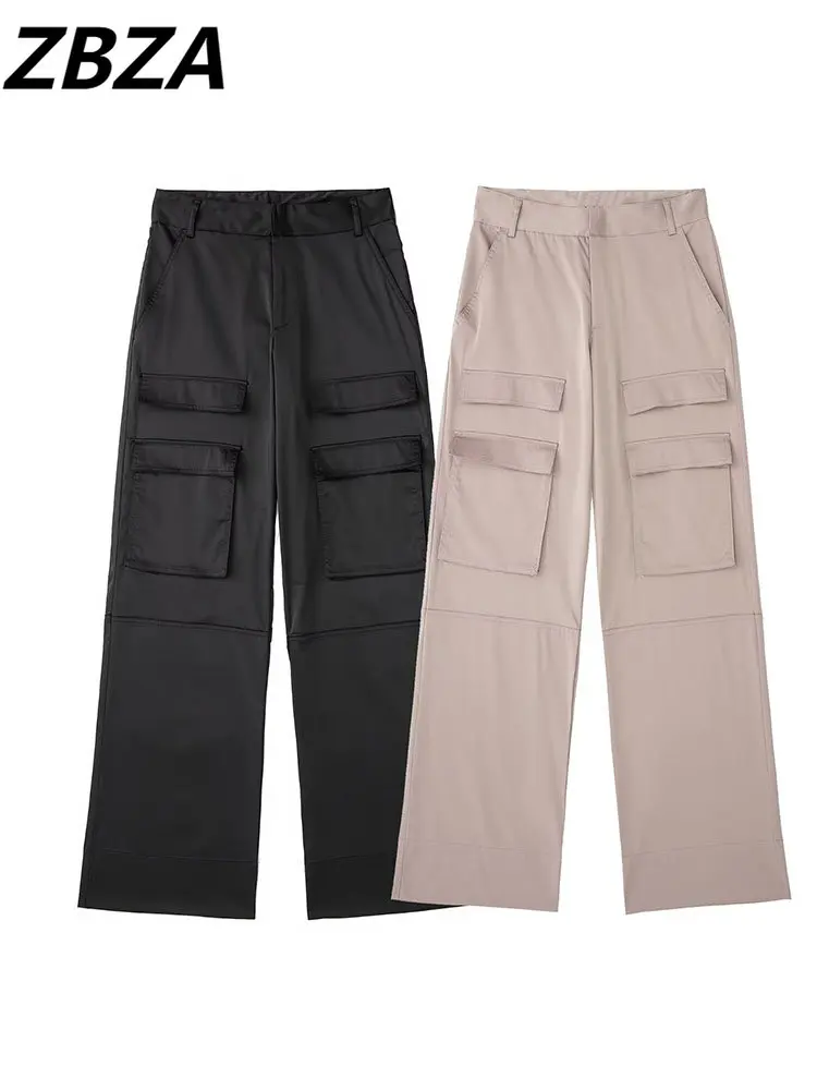 

ZBZA Women 2022 autumn New Fashion pocket overalls Pants Vintage High Waist Zipper Female straight Trousers Mujer