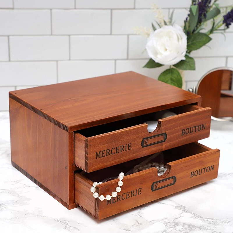

Small Wood Desktop Organizer Storage Box With Drawers, Desktop Storage French Design