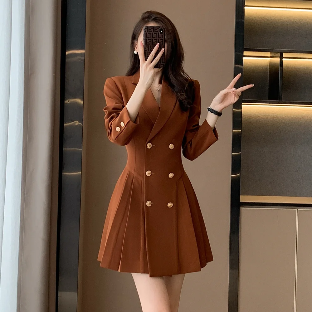 Elegant Women Blazer Dress Korean Fashion Trench Double Breasted Lengthened Lapel Female Clothing Office Ladies Formal Jacket