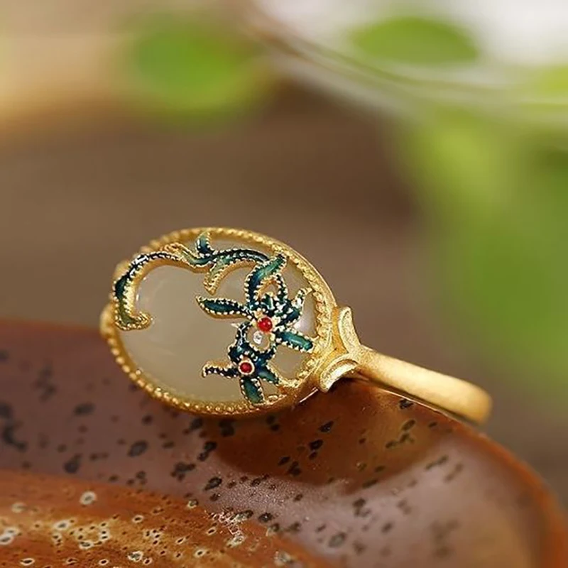 

Independent design gilt gold inlaid enamel lotus natural Hetian jade opening adjustable ring exquisite luxury ladies jewelry