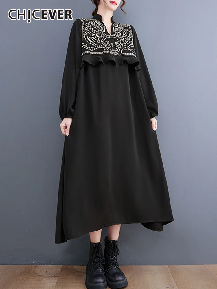 

CHICEVER Patchwork Embroidery Dress For Women V Neck Long Sleeve Straight Loose Midi Dresses Female 2022 Spring Fashion Clothing