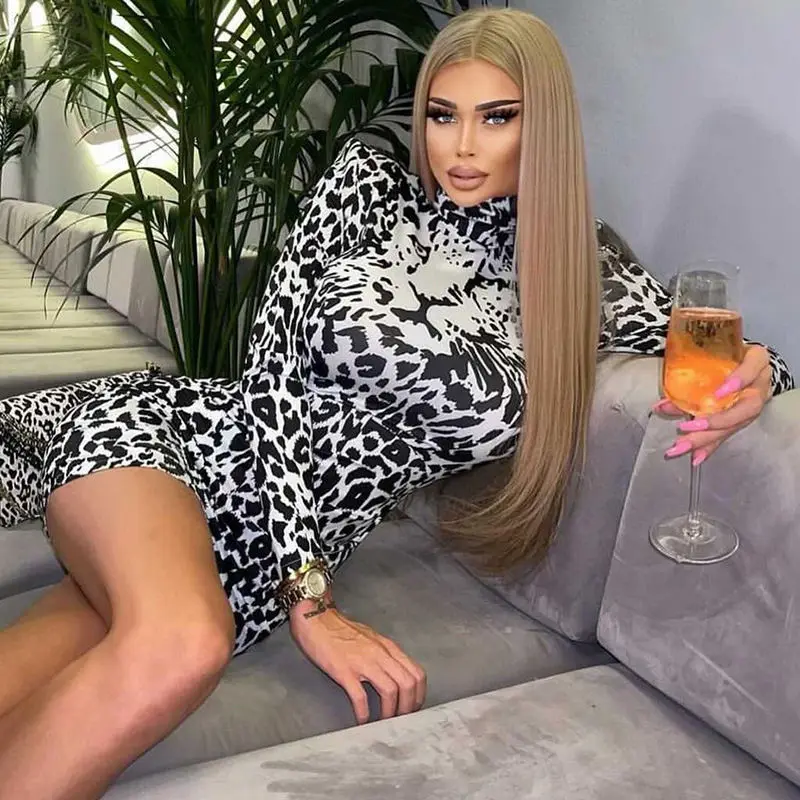 

European and American Style Women's Clothing2021New Fall Winter Fashion Printed Turtleneck Long Sleeve Slim Sheath Dress Factory