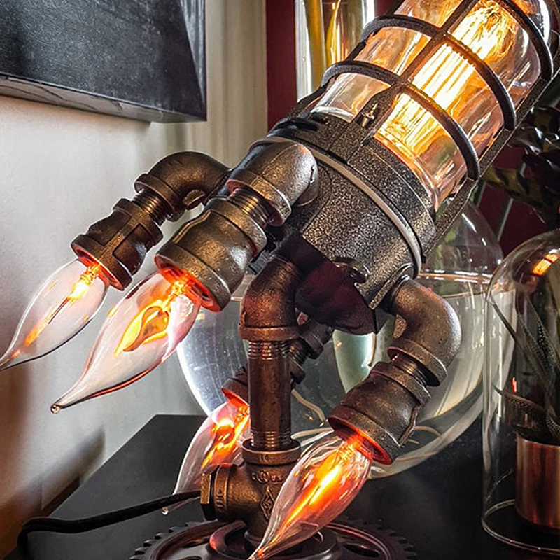 

Vintage Steampunk Rocket Table Lamp Flame Night Light for Bar Store Desk Decor Lighting Fixtures Creative Led Standing Lamps E26