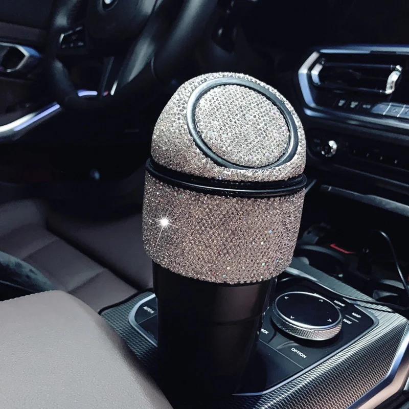 

Bling Rhinestone Car Trash Garbage Can Diamond Crystal Auto Trash Dust Case Holder Mini Garbage Bin Press Type Car Storage Box