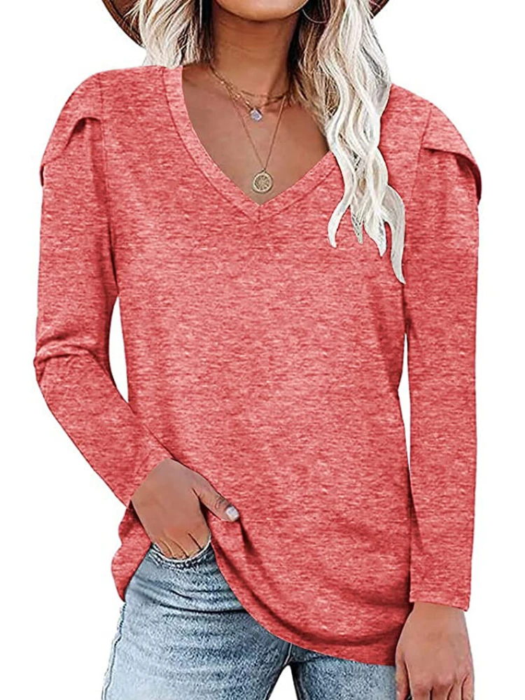 

Womens Long Sleeve Solid V-Neck Pullover T-Shirt Tops