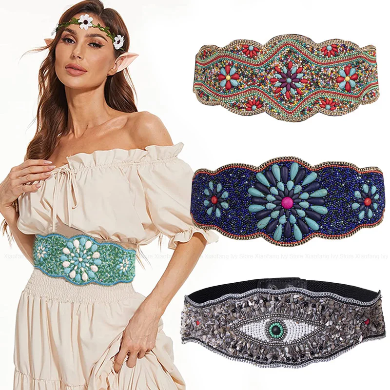 Bohemian Elastic Wide Belt for Women Turquoise Beads Designer Ethnic Corset Belt Female Coat Dress Decorated Girdle